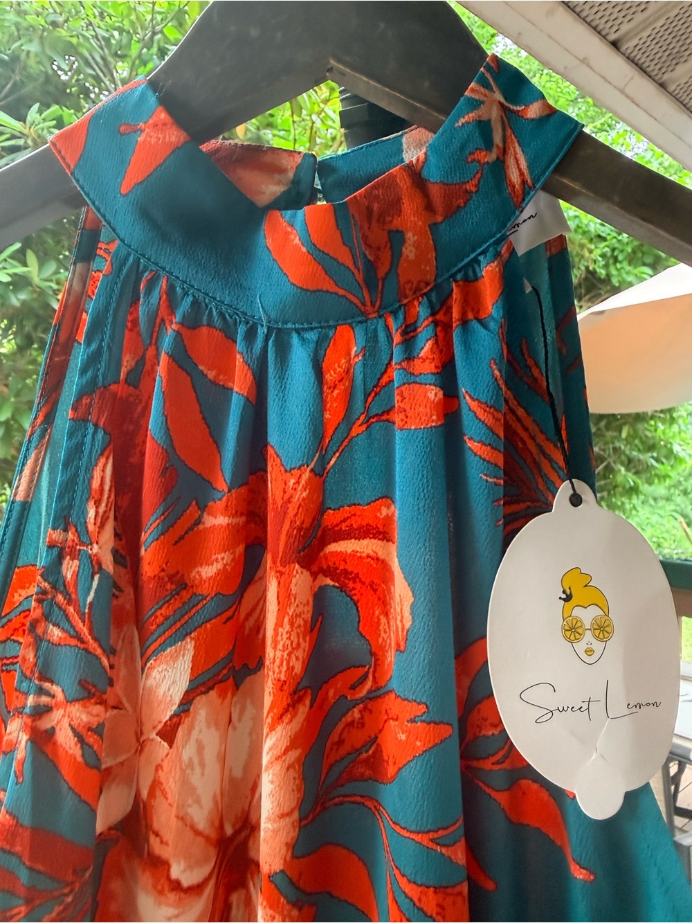 High-Neck Teal Floral Mini Dress with Smocked Waist - Picture 9 of 12
